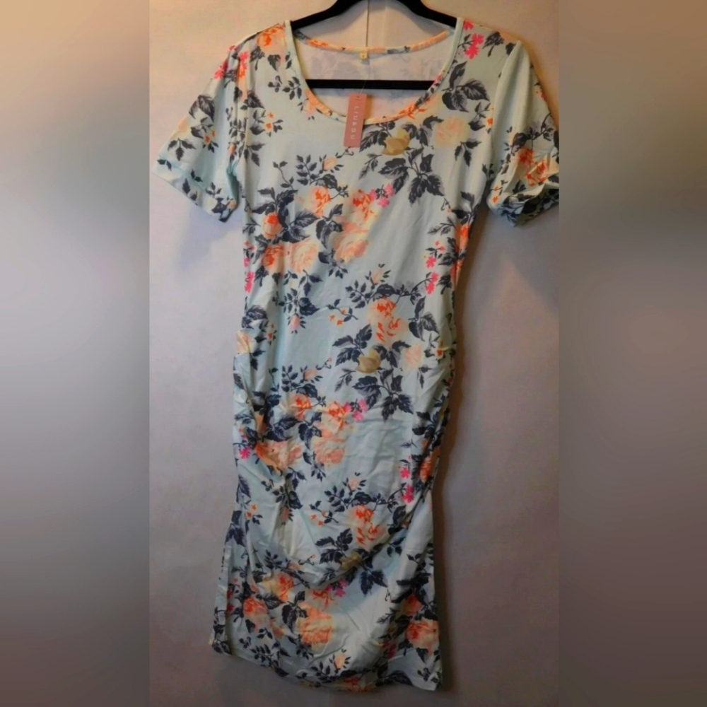 Maternity dress LIU & QU light blue floral short sleeve dress Small bodycon